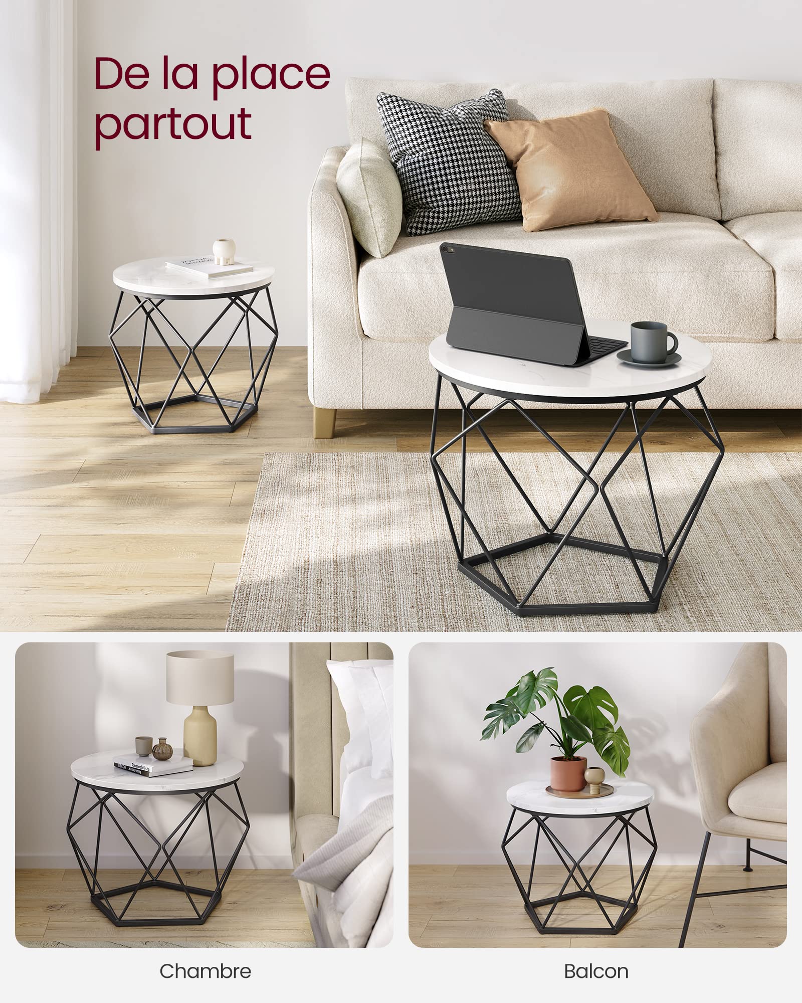 VASAGLE Table Basse Ronde, Lot de 2, Table d’Appoint, Bout de Canapé, Style Moderne, Plateau Amovible, Cadre en Acier, pour Salon, Blanc et Noir LCT041W59
