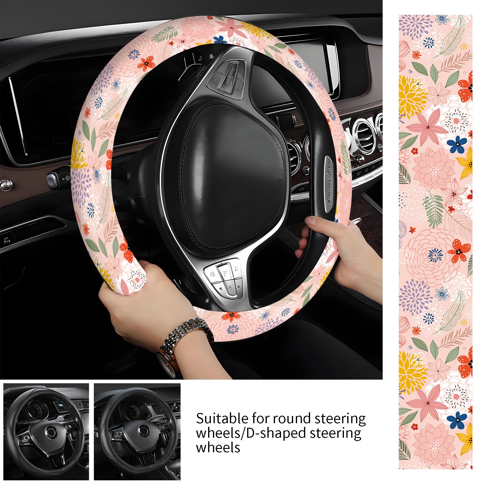 AOPEFNX Steering Wheel Covers for Car, Truck, and SUV, Cute Non-Slip Breathable Elastic Steering Wheel, Car Accessories, Universal 15 Inch Leather Cover for Men Women Cute Floral
