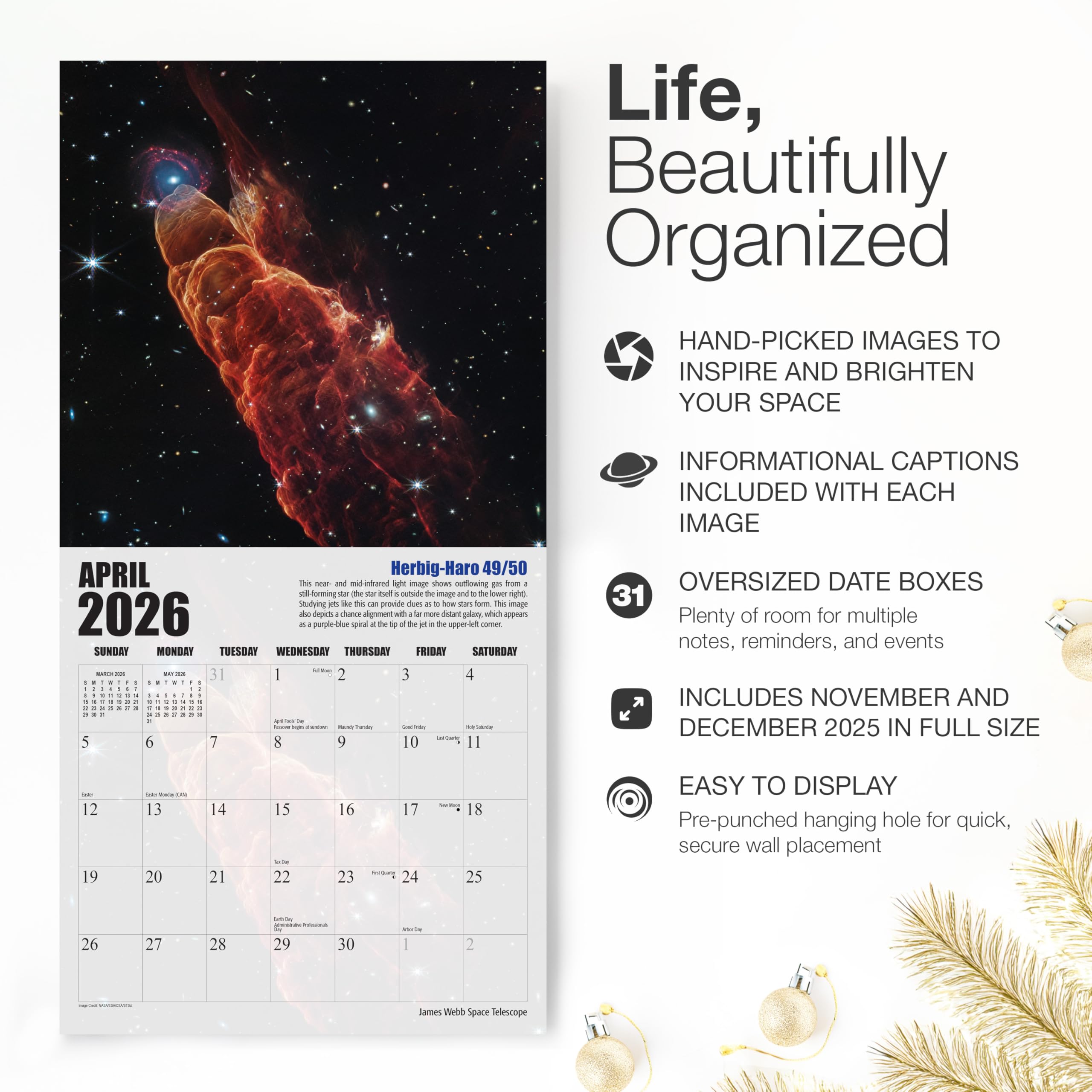 RED EMBER James Webb Space Telescope - Calendario de pared 2026 de 12 meses, abierto de 12 x 24 pulgadas, papel grueso y resistente, para regalo, calendario 2026