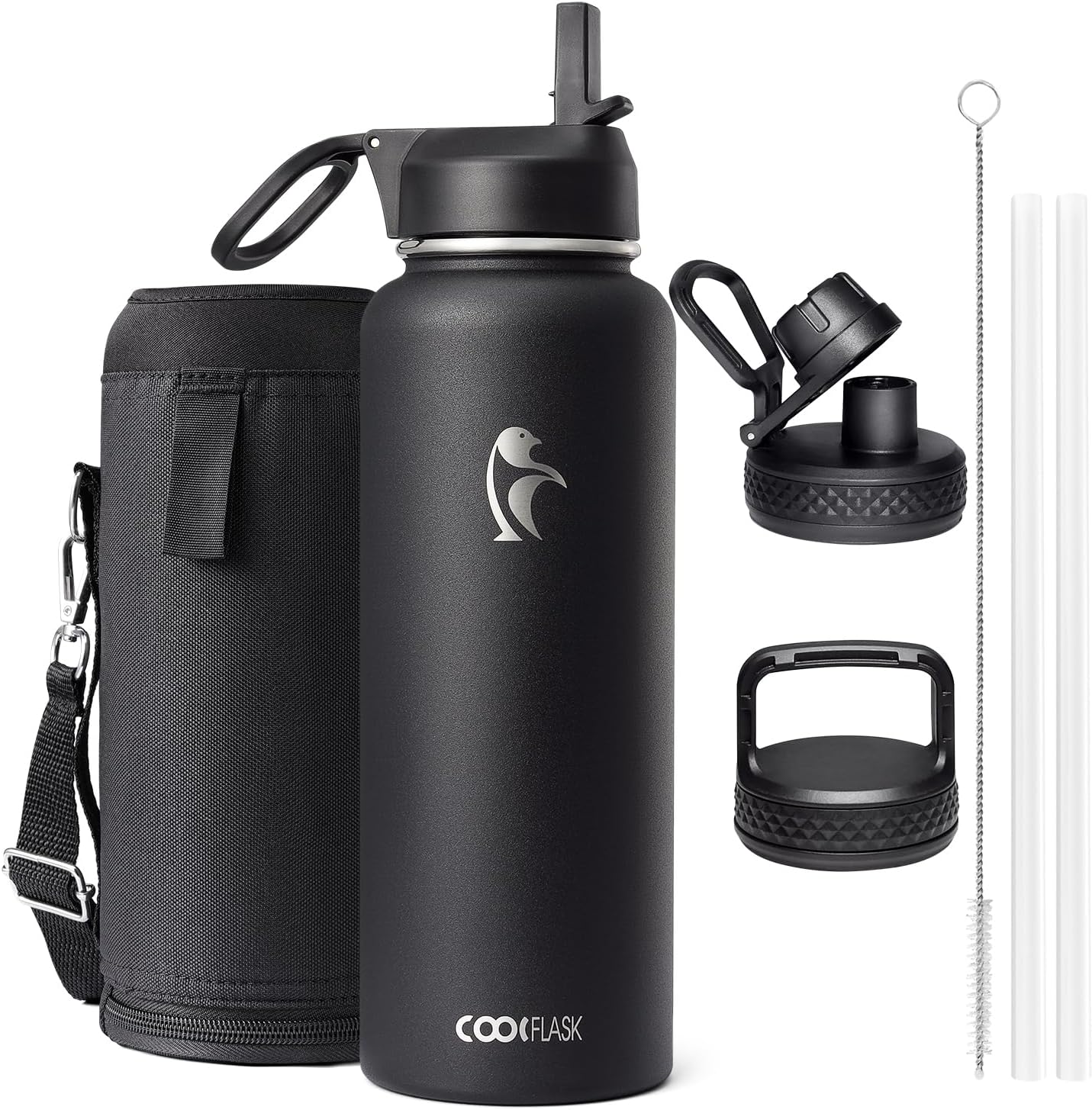 1180ml Insulated Water Bottle with Straw & 3 Lids, Metal Water Bottle for Sports or Office, Double Vacuum Leak Proof Cold and Hot Water Bottle, Easy to Clean, Black