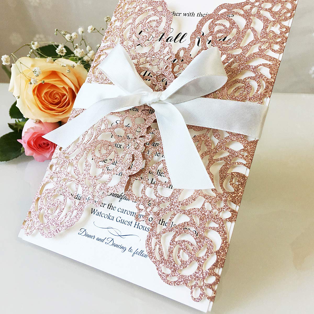Woogim 10 Biglietti D'Invito Floreali Glitterati Con Buste E Nastri - Oro Chiaro, 18x12,5 Cm, Per Matrimoni E Feste