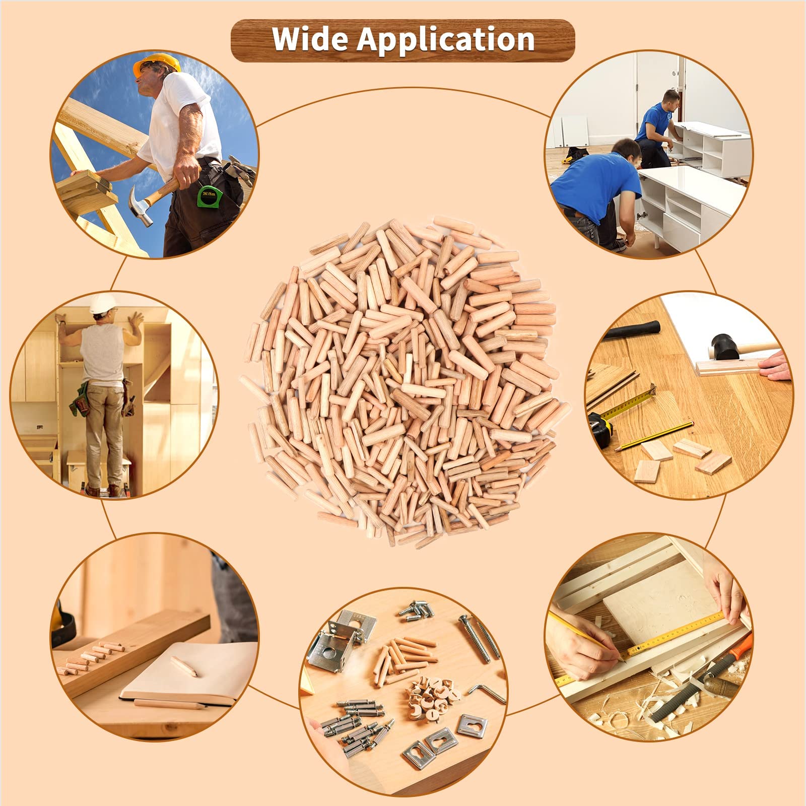 500 Pezzi Tasselli in Legno Scanalate in Legno 6mm 8mm 10mm Spine Legno Perni di Legno Duro Perno Scanalato Tasselli Perni Scanalati per Mobili, Progetti di Artigianato, Fai Da Te