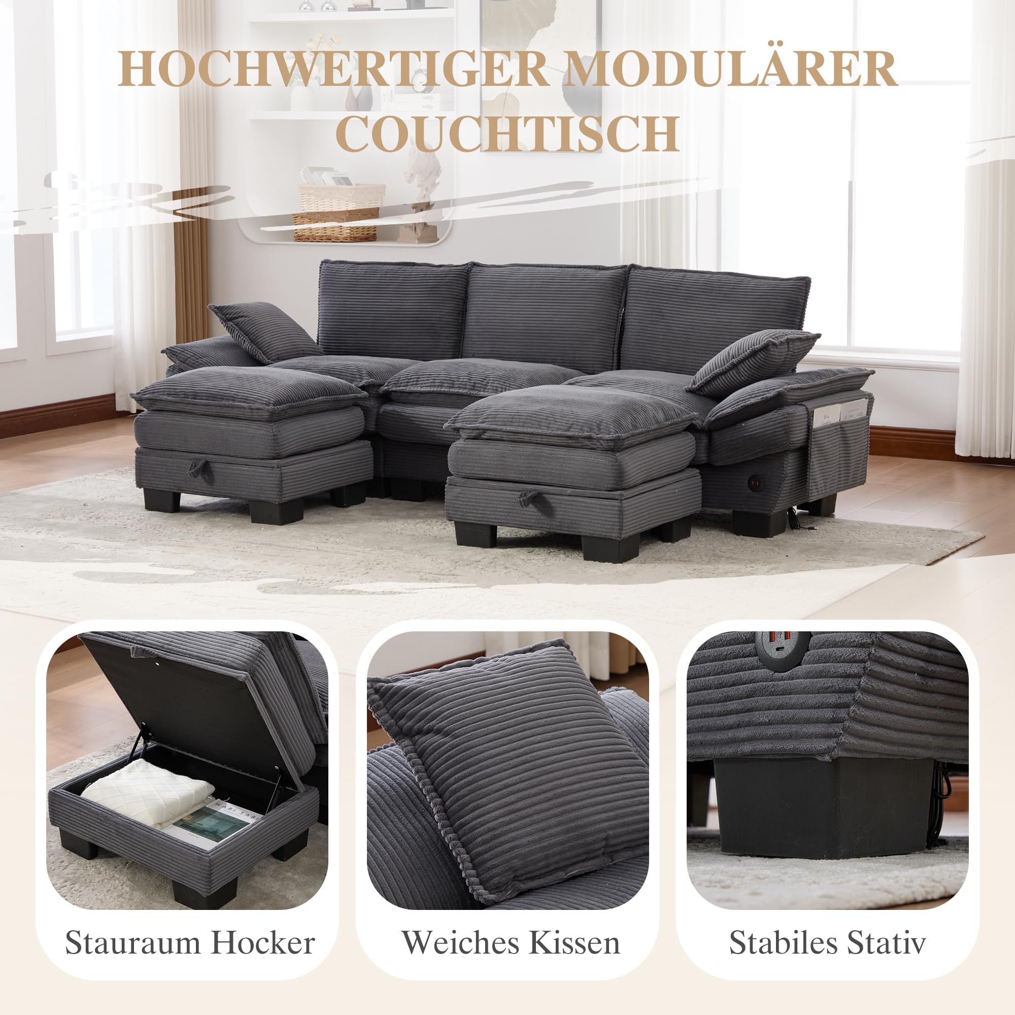 Generisch Modułowa 3-osobowa sofa ze sztruksu z 2 taboretami USB-C ciemnoszara