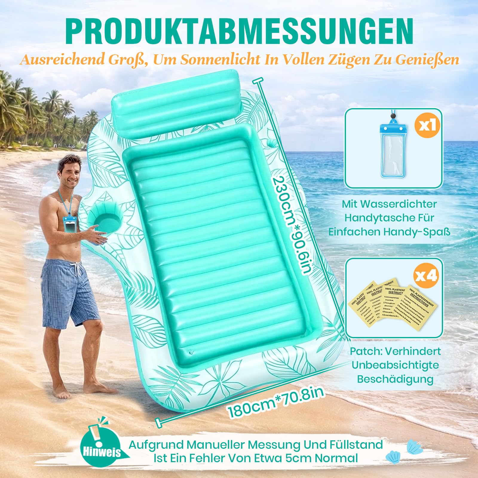 Charmofun Luftmatratze Tanning Pool Groß, 230 * 180 cm Doppelte Deluxe Aufblasbarer Sonnenpool mit Kopfstütze Eisbar wasserdichte Handytasche, Luftmatratze Pool für Erwachsene Strand Sommerspaß