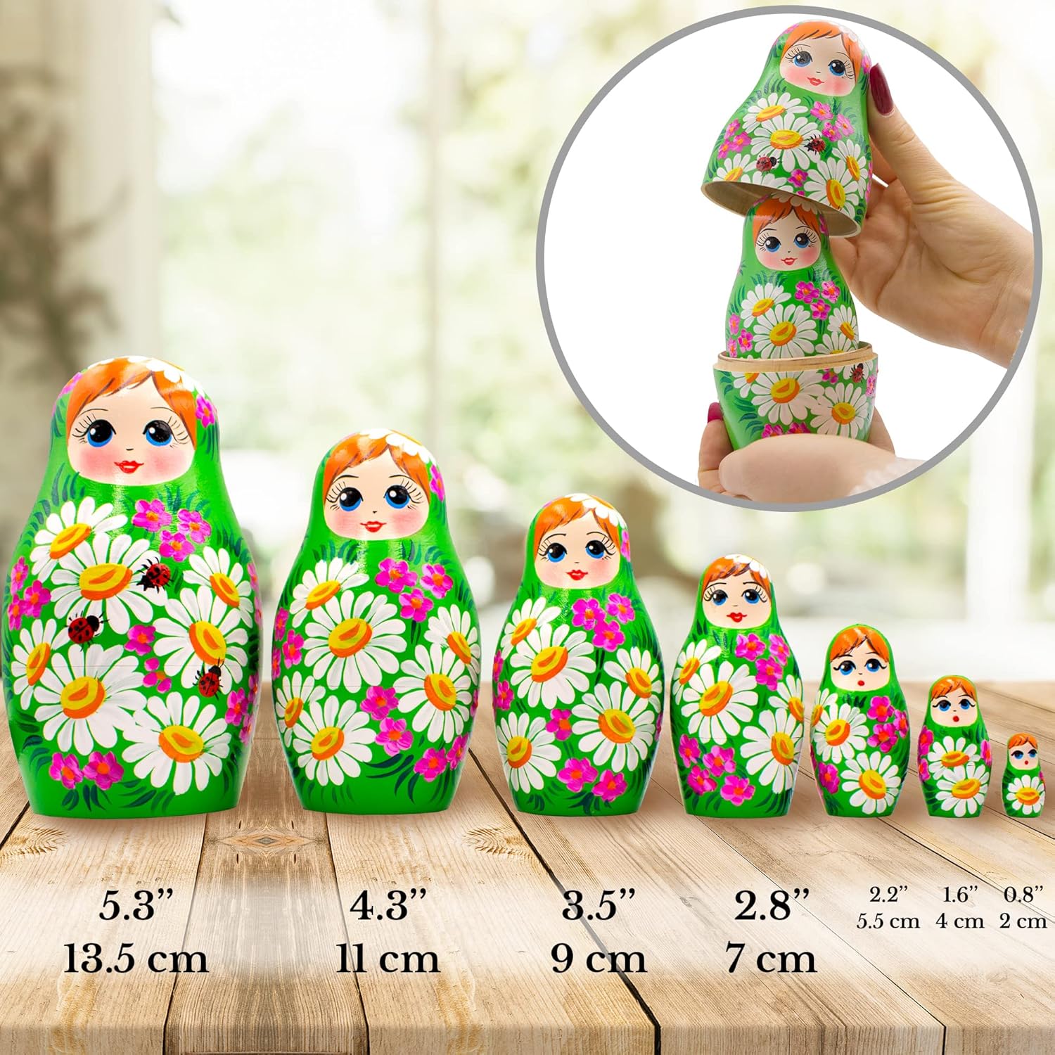 AEVVV Russian Nesting Dolls Set of 7 pcs - Matryoshka Dolls in Summer Dress with Chamomile Flower Decorations - Cottage Core Room Decor - Cute Desk Decor - Матрешка