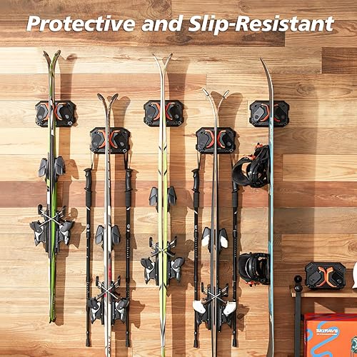 Miniatura 5 de Skifavs Soporte de pared de esquí que ahorra espacio, estante de almacenamiento de pared de esquí y snowboard para pared de garaje, se adapta a
