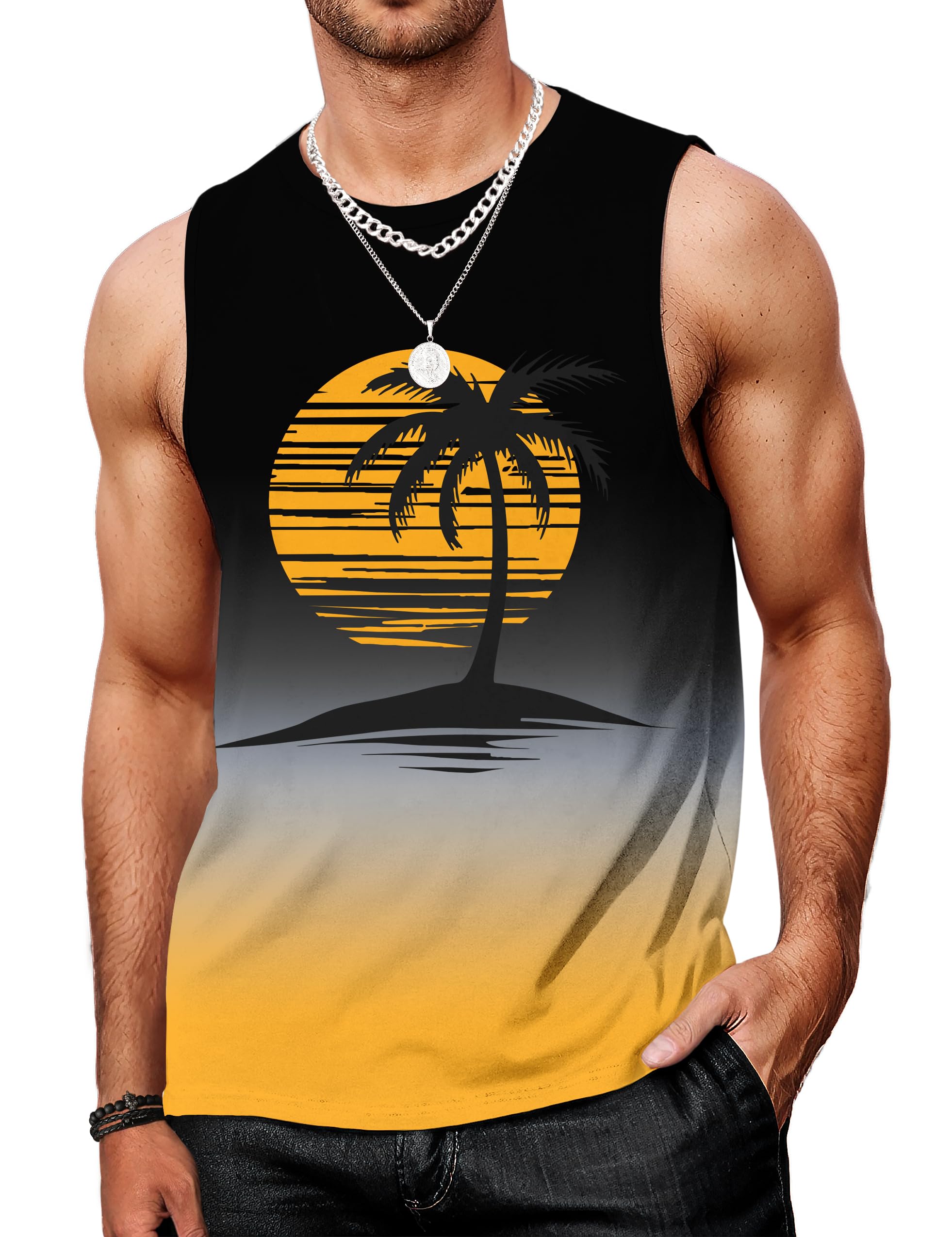 Indoner Mens Graphic Tank Tops Workout Sleeveless Shirts Hawaiian Palm Tree Vacation Tanks for Men Summer Beach T-Shirt
