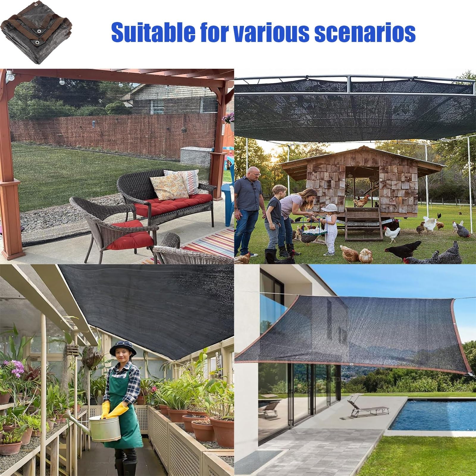 Telo parasole nero con protezione UV al 90%, 3,9 x 3,5 m, resistente, con occhielli per piante, pomodori, fienili, cucce per cani, bovini e pollai