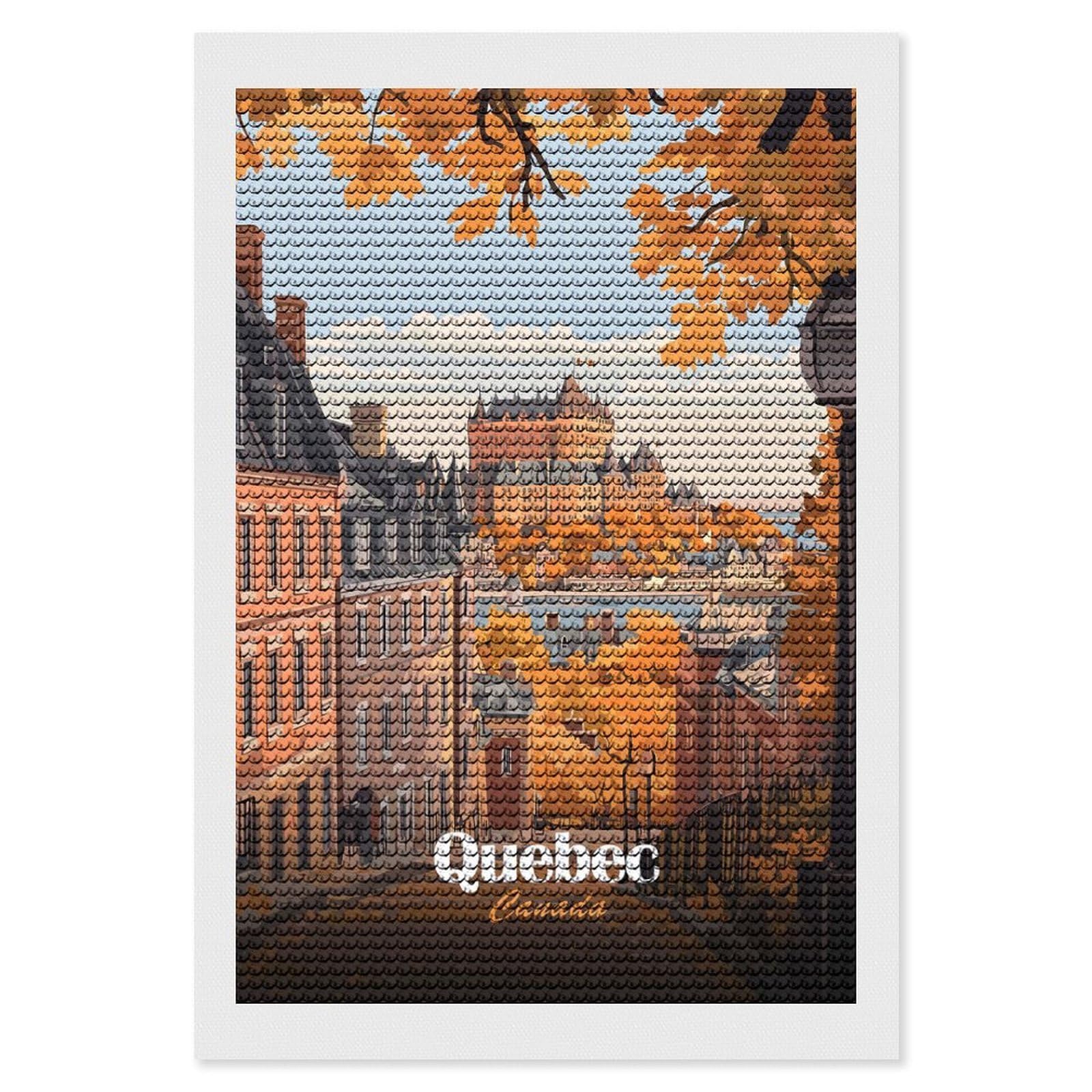 Junmoney Quebec City Autumn Travel DIY Diamond Art Canvas Kit 8"x12", Adhesive Canvas, Easy to Enjoy, Farmhouse Decor, Festive Craft Gift