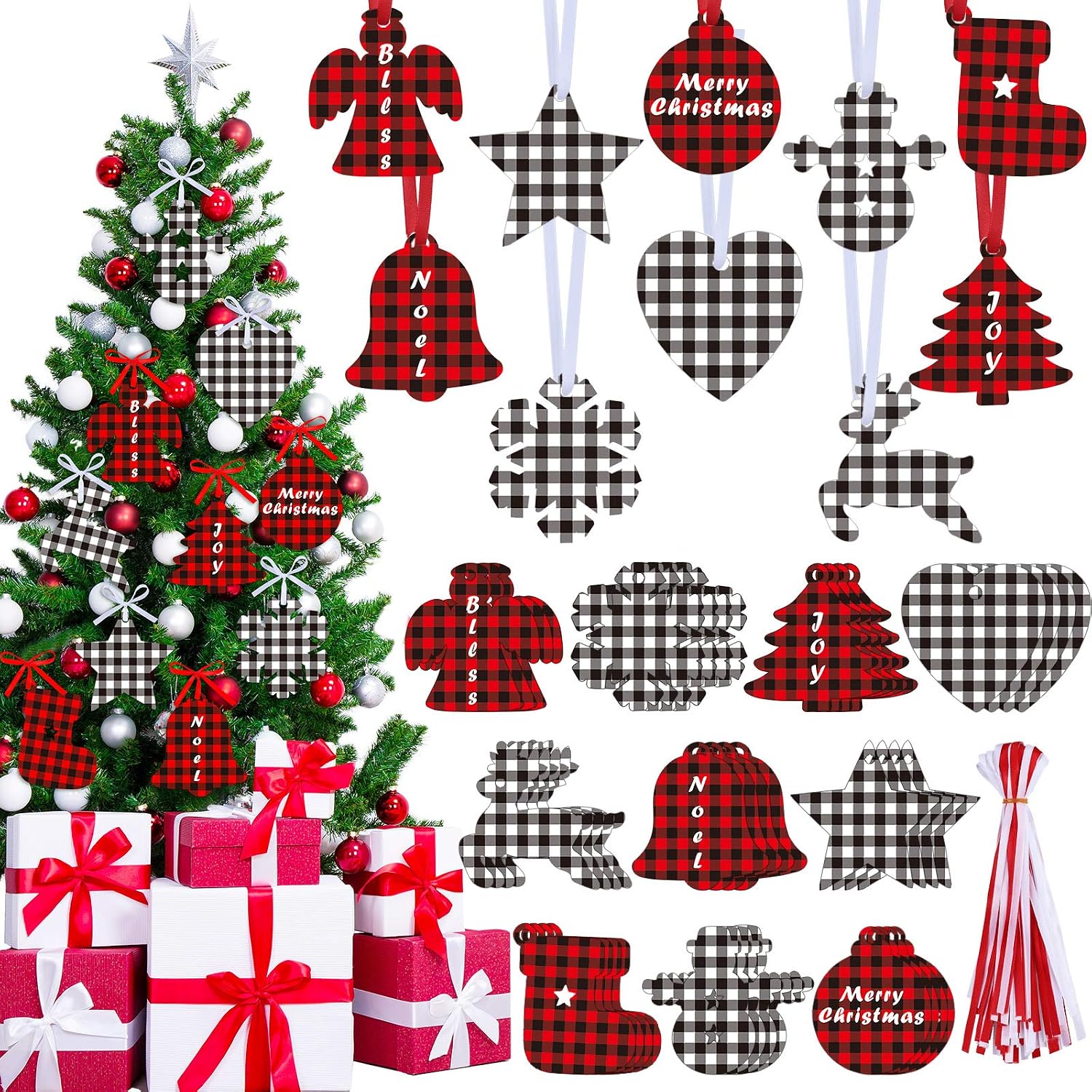 60 Pieces Christmas Buffalo Plaid Ornaments Christmas Trees Snowmen Snowflakes Bells Stars Sock Hanging Cutouts Bless Noel Joy Tags with Ribbon for Christmas Party Decor, 10 Styles (Classic Colors)
