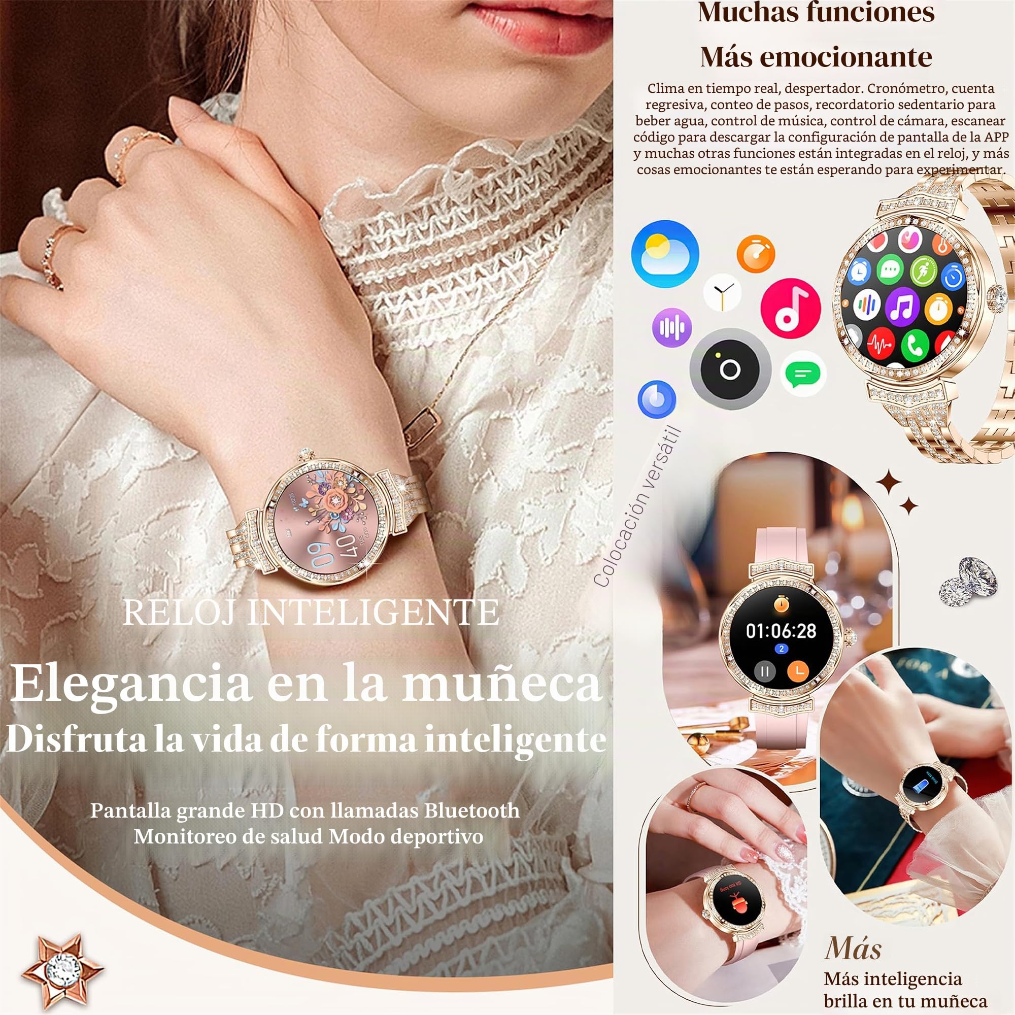 Reloj inteligente para mujer con llamadas Bluetooth, pantalla táctil AMOLED de 1.32 pulgadas, 5 ATM, reloj de fitness con medición de presión arterial SpO2, ritmo cardíaco y podómetro