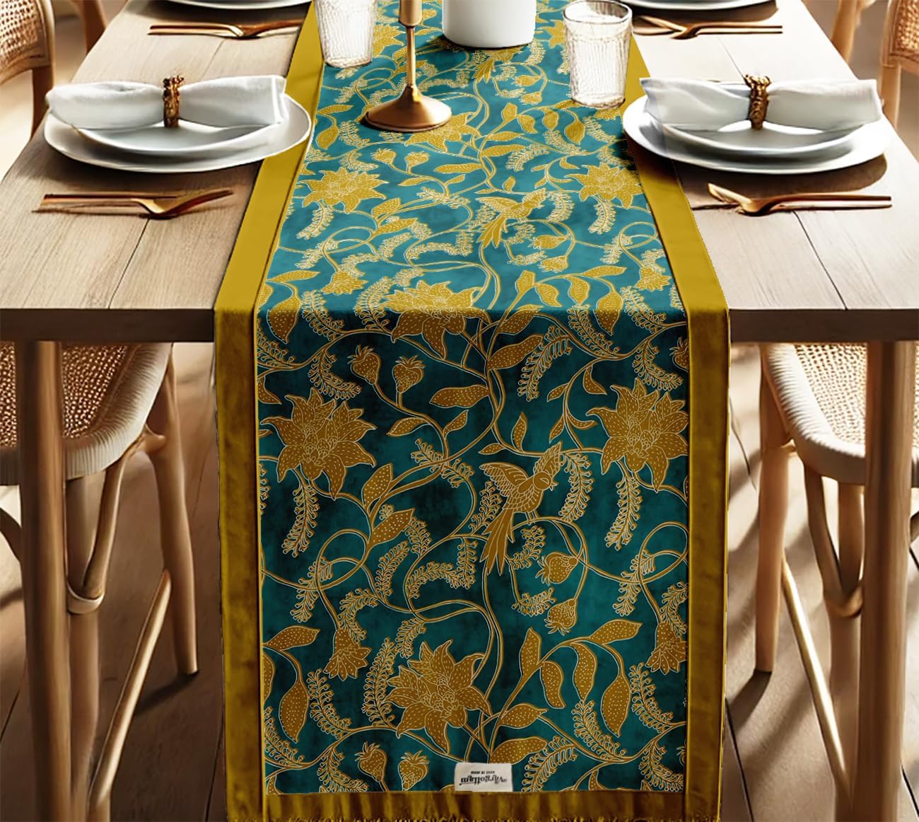 Double Layer Cotton Table Runner with Border - Floral Print, Machine Washable - Dining Table Décor for Farmhouse & Modern Homes