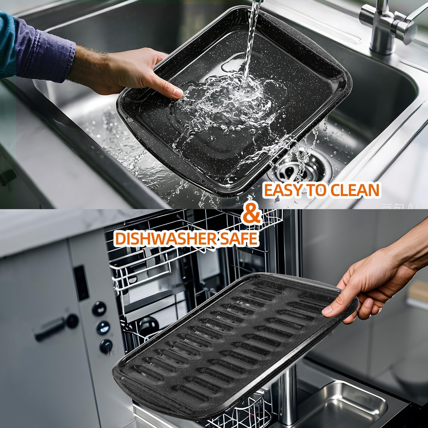 16.75" Broiler Pan for Oven with Rack, 2-Piece Thick Porcelain Enamel Roasting Pan Set, Heavy Duty Grill Pan & Drip Tray, Large Nonstick Oven Pan for Baking, Grilling & Roasting Bacon, Steak, Meats