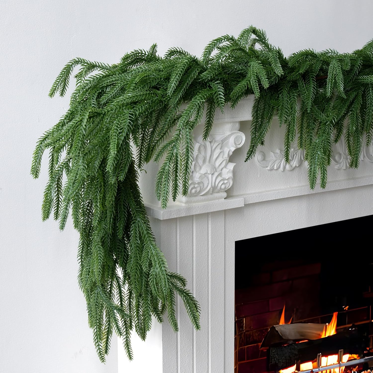 Artificial 2Pcs 5Ft Norfolk Pine Garlands, Real Touch Christmas Winter Pine Garland, Thick Deluxe Faux Green Greenery Garland for Table, Fireplace, Stairs, Mantle, Indoor Outdoor Christmas Decorations 5FT-2PCS