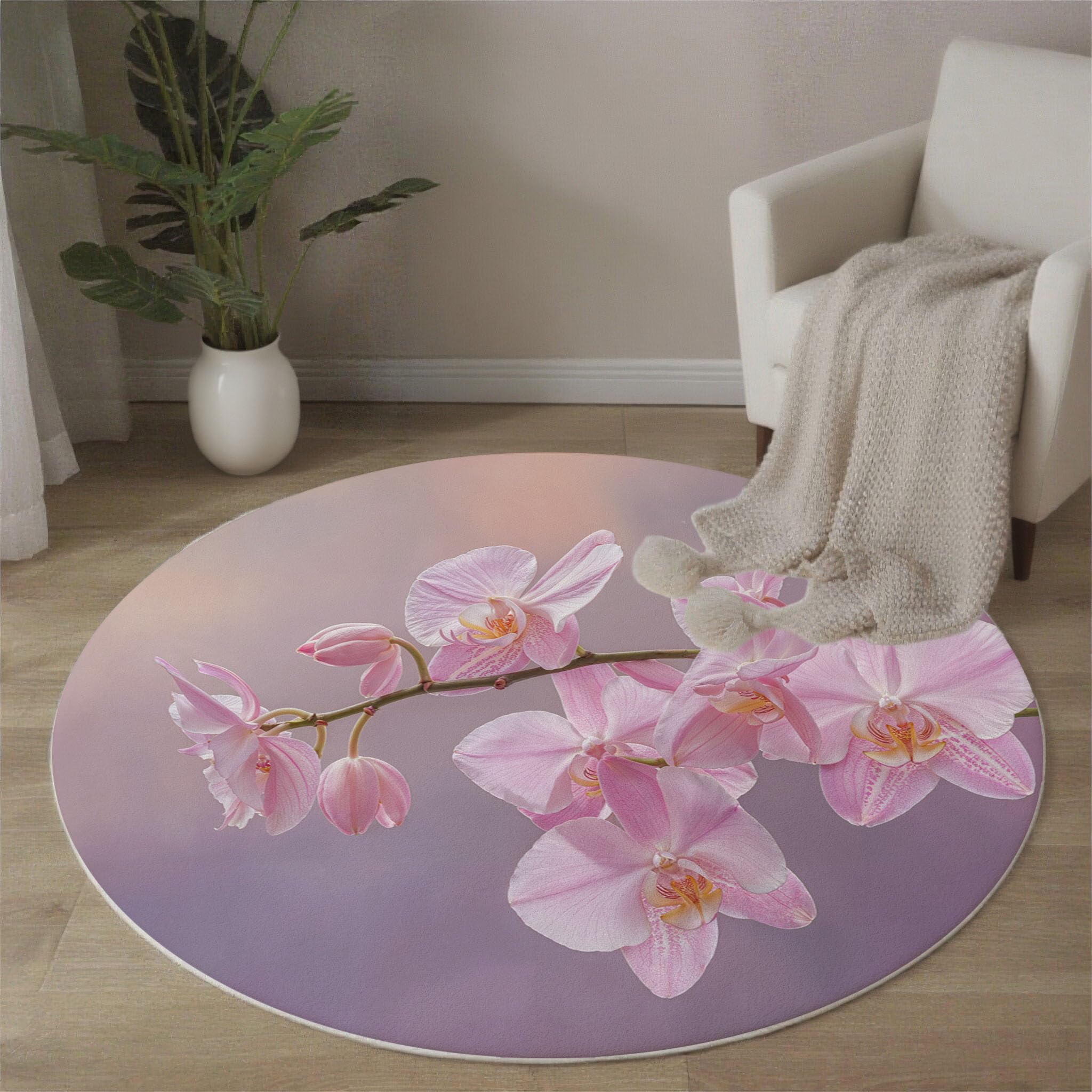 Tapis rond 160cm motif orchidée rose antidérapant et doux pour sol de chambre
