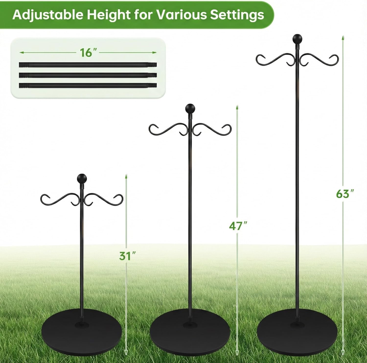 58 Inch Double Shepherds Hooks for Outdoor Indoor with Round Base Stand, Adjustable Shepherds Hook for Bird Feeder, Wind Chime, Solar Light for Garden Patio Home Decor