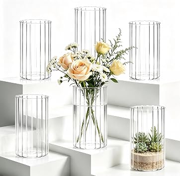6 Pack Clear Ribbed Cylinder Glass Vases 20 8.5cm, Table Decor Vases for Wedding Party and Living Room Decor
