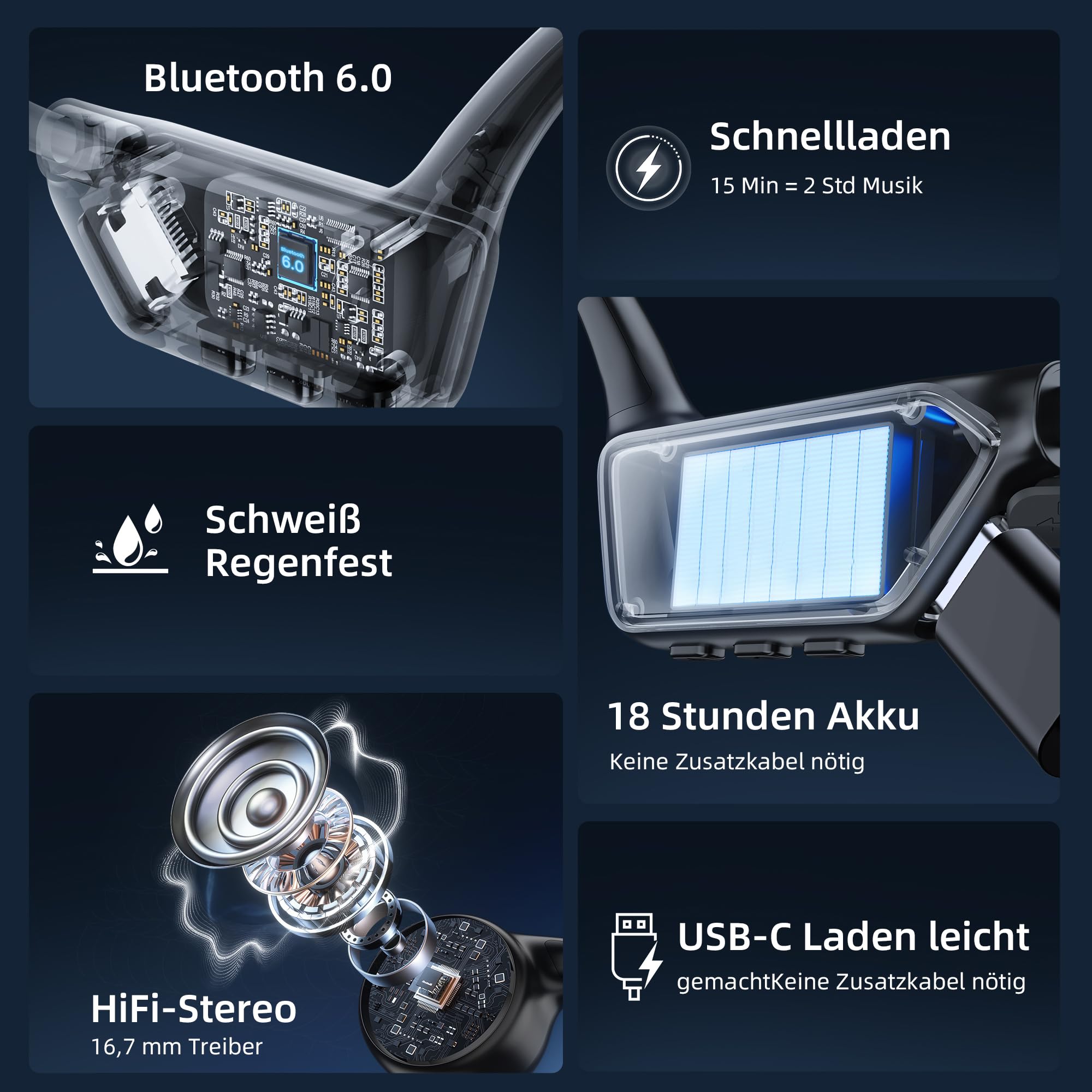 HIFI WALKER Knochenschall Kopfhörer, Open Ear Kopfhörer Bluetooth 6.0, Bone Conduction Headphones 18 Stunden Akkulaufzeit, IPX7 Wasserdicht Sportkopfhörer für Fitness/Radfahren/Fahren/Laufen