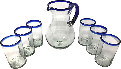 Dos Sueños Juego de vasos mexicanos de vidrio soplado a mano, incluye jarra (84 onzas) y 6 vasos soplados (14 onzas), borde azul cobalto