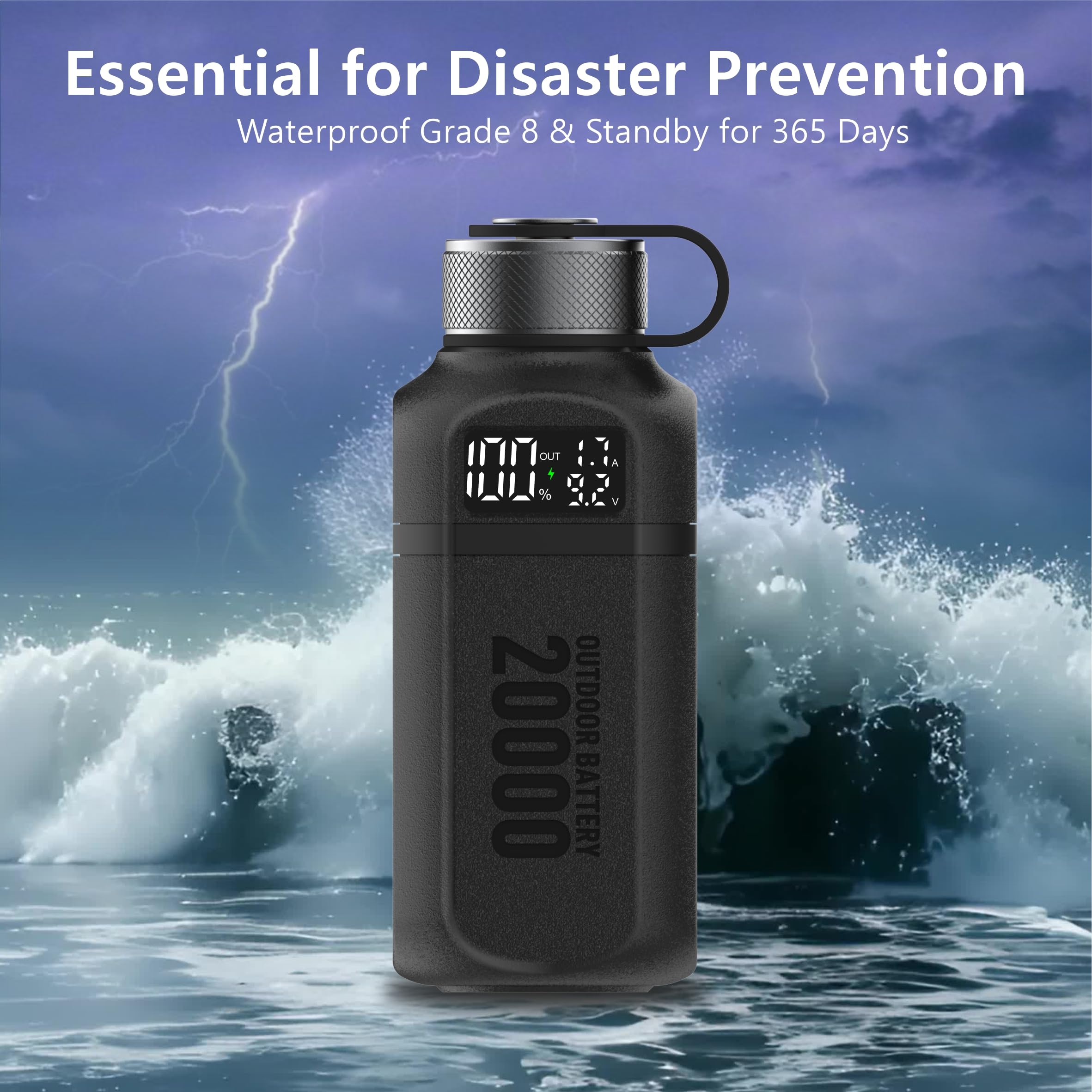 20.000 mAh robuste Powerbank mit Schnellladung USB-C PD, IP68 wasserdicht stoßfest, inklusive 420 lm heller Campinglaterne, taktisches Outdoor-Ladegerät für Wandern, Camping, Überleben