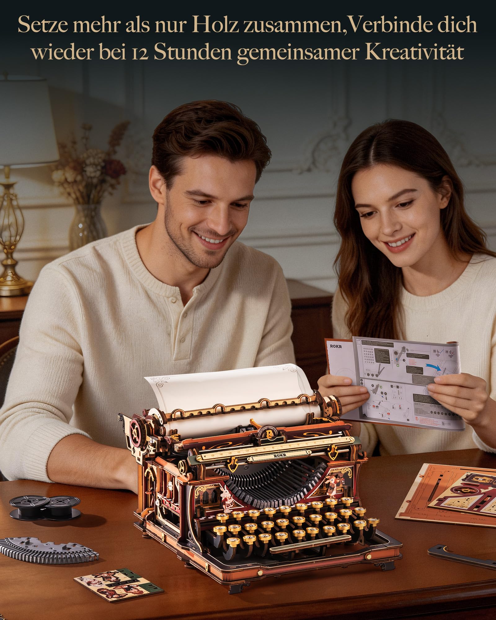 ROKR 3D Puzzle Holz Mechanische Schreibmaschine, 3D Holzpuzzle Erwachsene Holzmodelle Bausätze, Mechanical Typewriter (Magische Version), LK703C