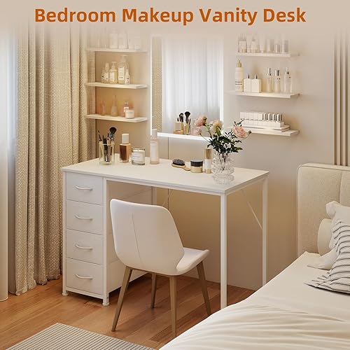 Miniatura 4 de Somdot Escritorio pequeño para computadora con 4 cajones para dormitorio, escritorio simple de oficina en casa de 39 pulgadas, mesa de estudio con