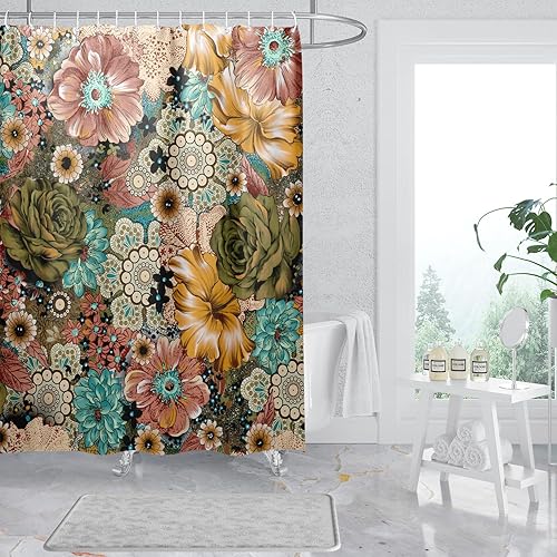 Miniatura 9 de Cortina de ducha con diseño floral bohemio, elegante y bohemio, cortina de ducha de tela impermeable con 12 ganchos, 72 x 72 pulgadas