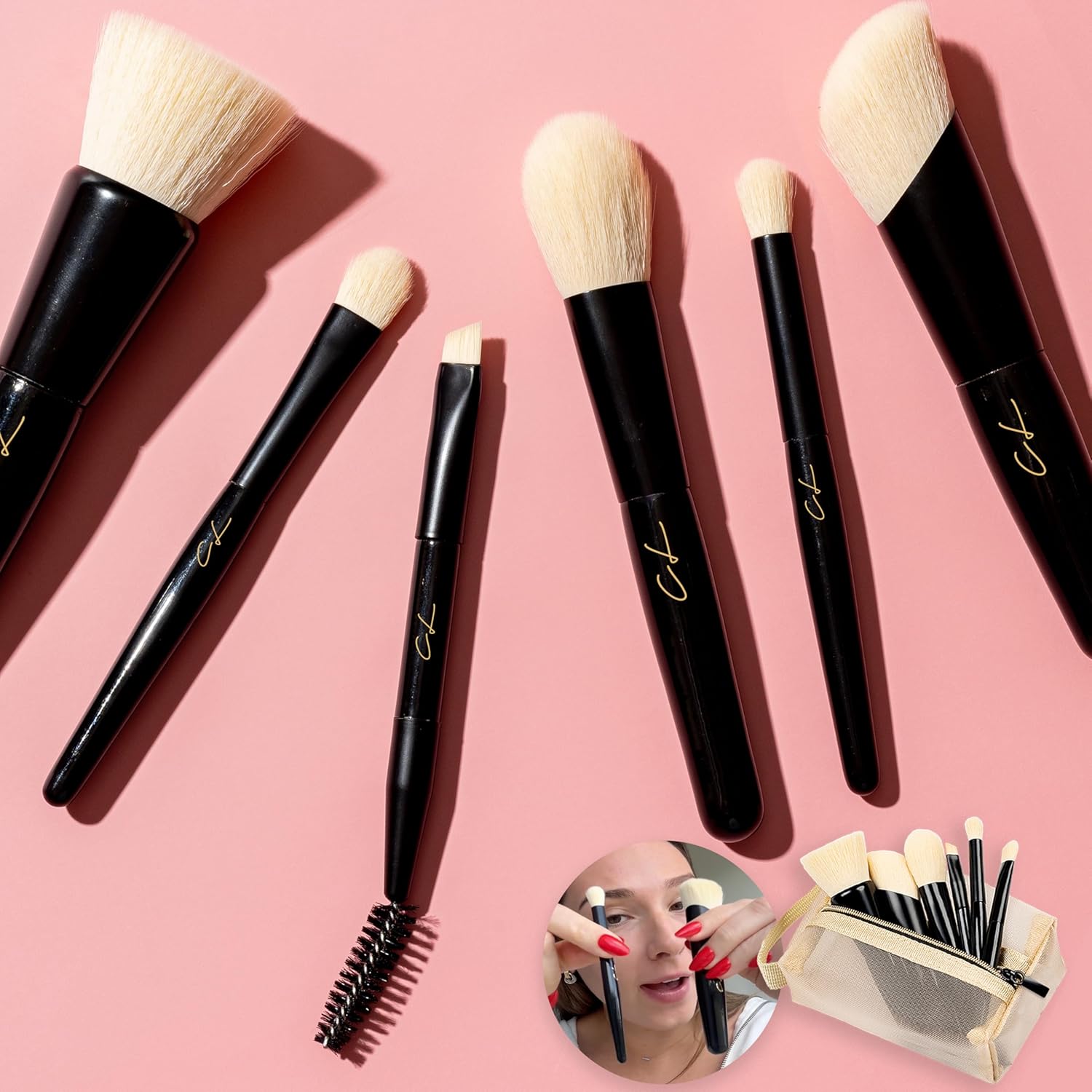 FULL FACE Travelista™ Midi Travel Makeup Brush Set | 7 Short Handle Makeup Brushes Type with Case | Easy Clean | Vegan Synthetic Luxury Gift Mini Makeup Brushes Set for Travel