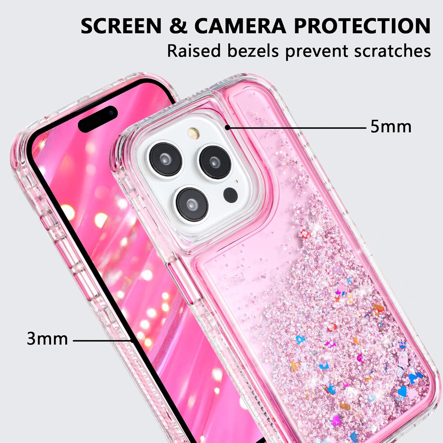 Tikoo Designed for iPhone 15 Pro Max Case Glitter for Women Girl Clear 3-in-1 Heavy Duty Protective Phone Cover with Floating Liquid Quicksand Bling Sparkly Cute Case for iPhone 15 Pro Max (Pink) - Image 7