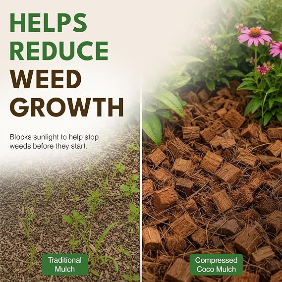 PlantBest Coco Mulch Compressed Block 9.1 lb Expands to 64 Quarts and Up to 17.5 Sq. Feet, Organic Coconut Mulch for Landscaping, Garden Beds, Trees, Plants & Weed Control