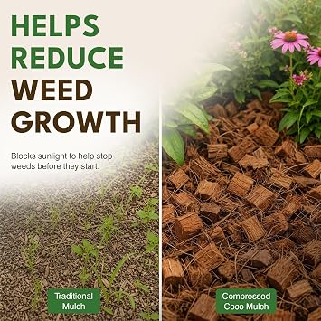 PlantBest Coco Mulch Compressed Block 9.1 lb Expands to 64 Quarts and Up to 17.5 Sq. Feet, Organic Coconut Mulch for Landscaping, Garden Beds, Trees, Plants & Weed Control