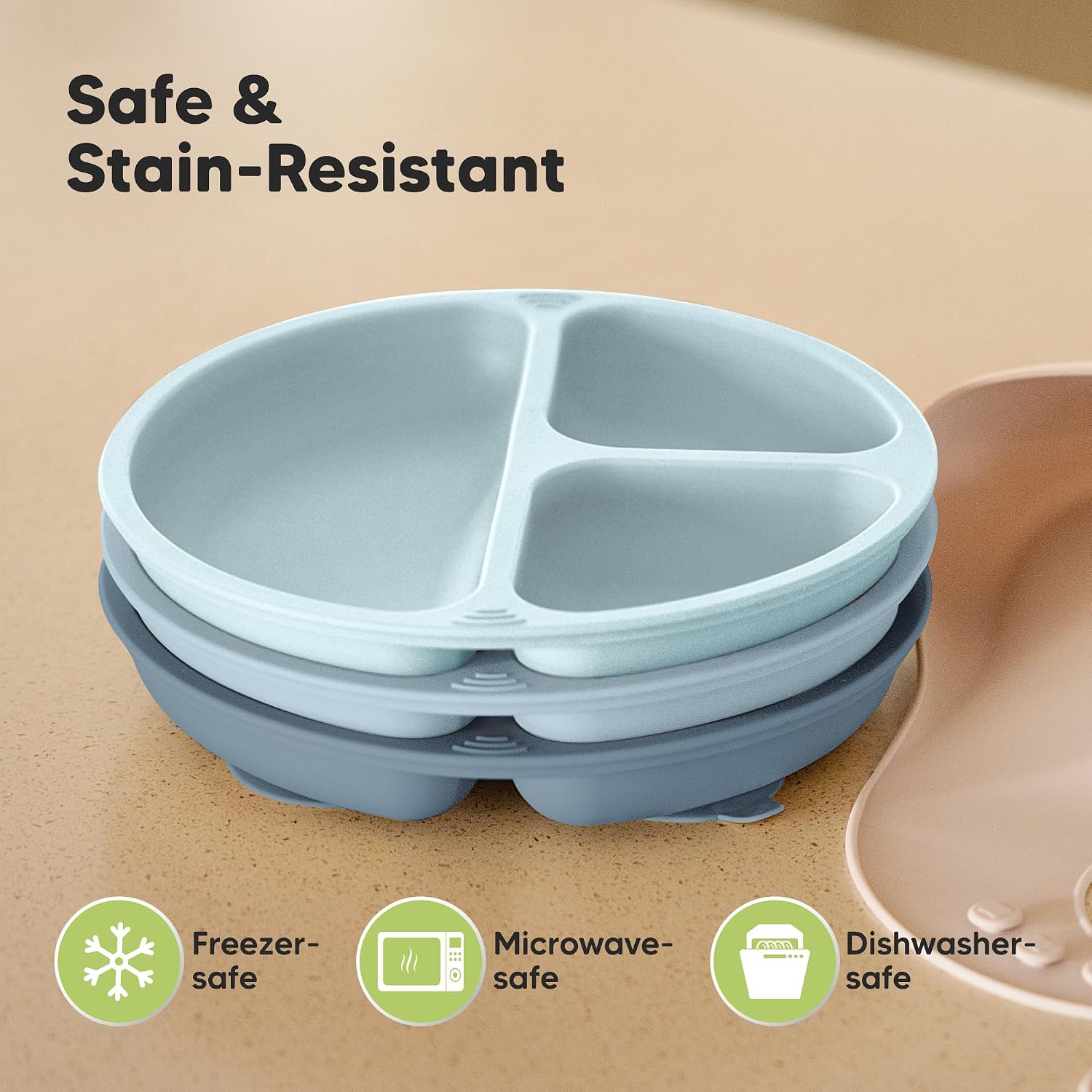 KeaBabies Suction Plates for Baby, Toddler - 3-Pack 100% Silicone Toddler Plates with Suction, Divided, BPA-Free Baby Led Weaning Essentials for Kids, Dishwasher, Microwave Safe, Durable