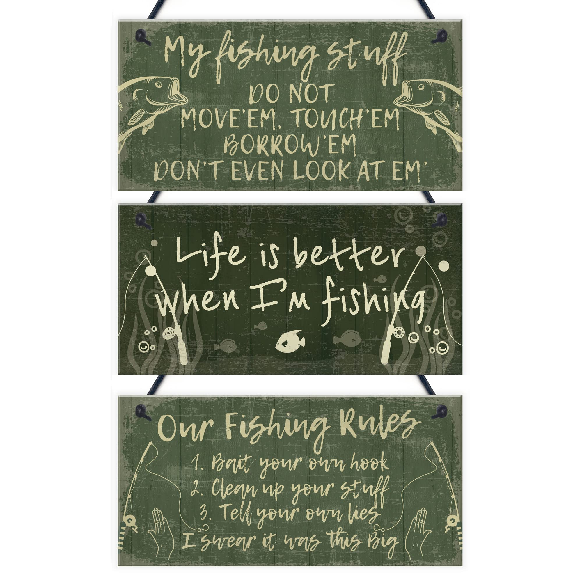 Red Ocean FUNNY FISHING FISHERMAN SIGN 3 Pack Dad Grandad Son Birthday Christmas, Gift For Men Fishing Gift Fisherman Gift For Him Man Cave Shed Sign