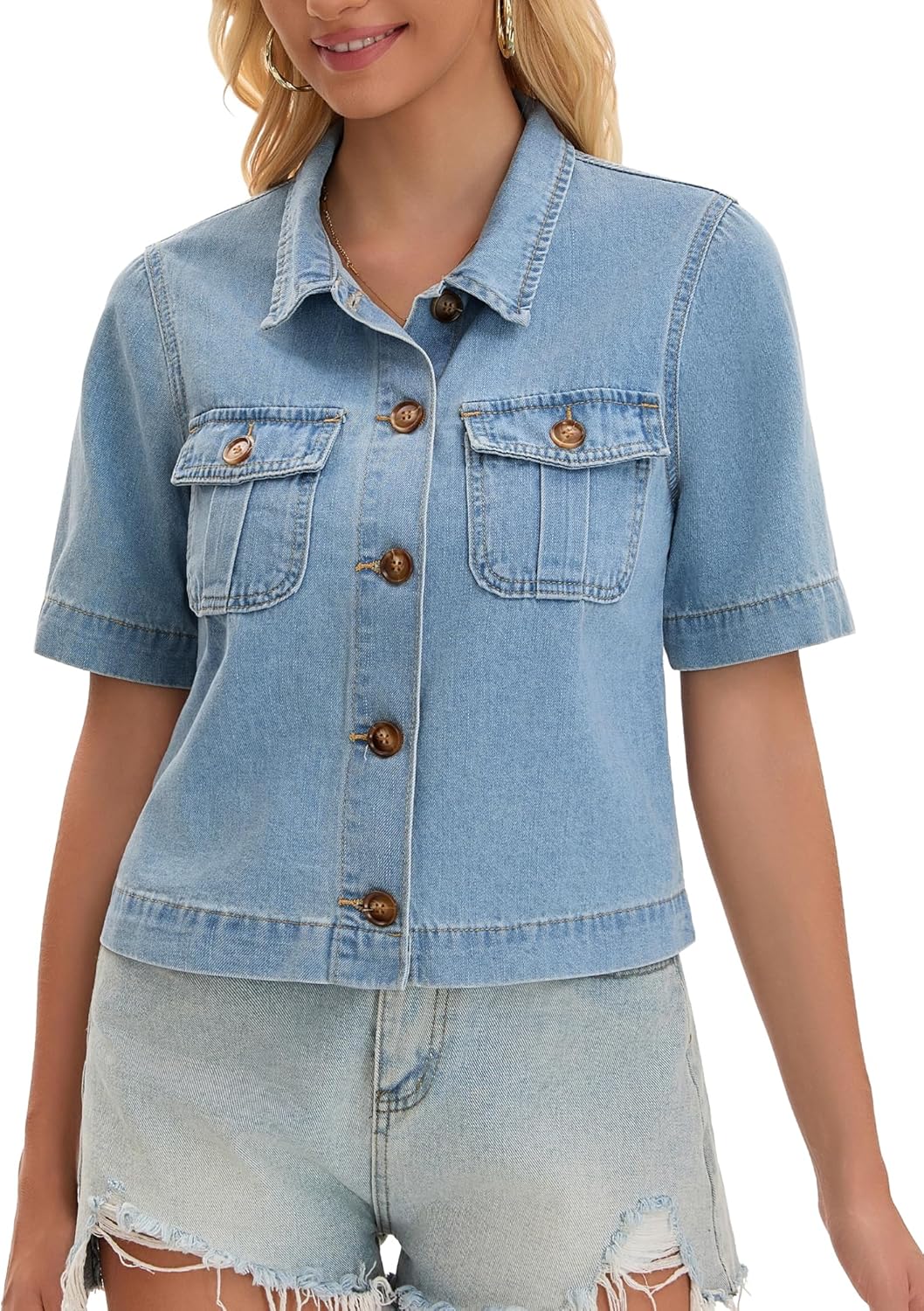 Womens Jean Jacket Button Down with Pockets 2026 Casual Short Sleeve Denim Shirt