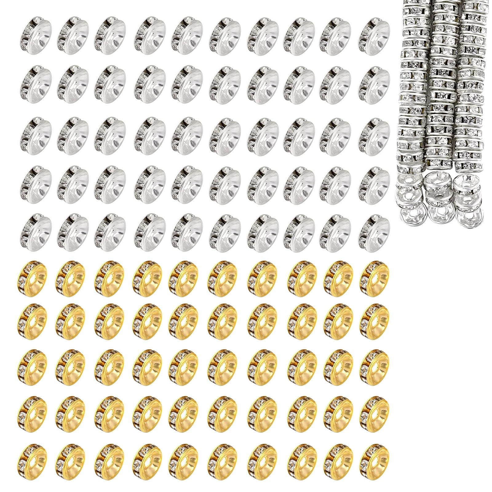 BRIIKPP ラインストーン付き 6mm 平型ロンデル 200 個セット ゴールド・シルバー各 100 個 メタルビーズ アクセサリーパーツ