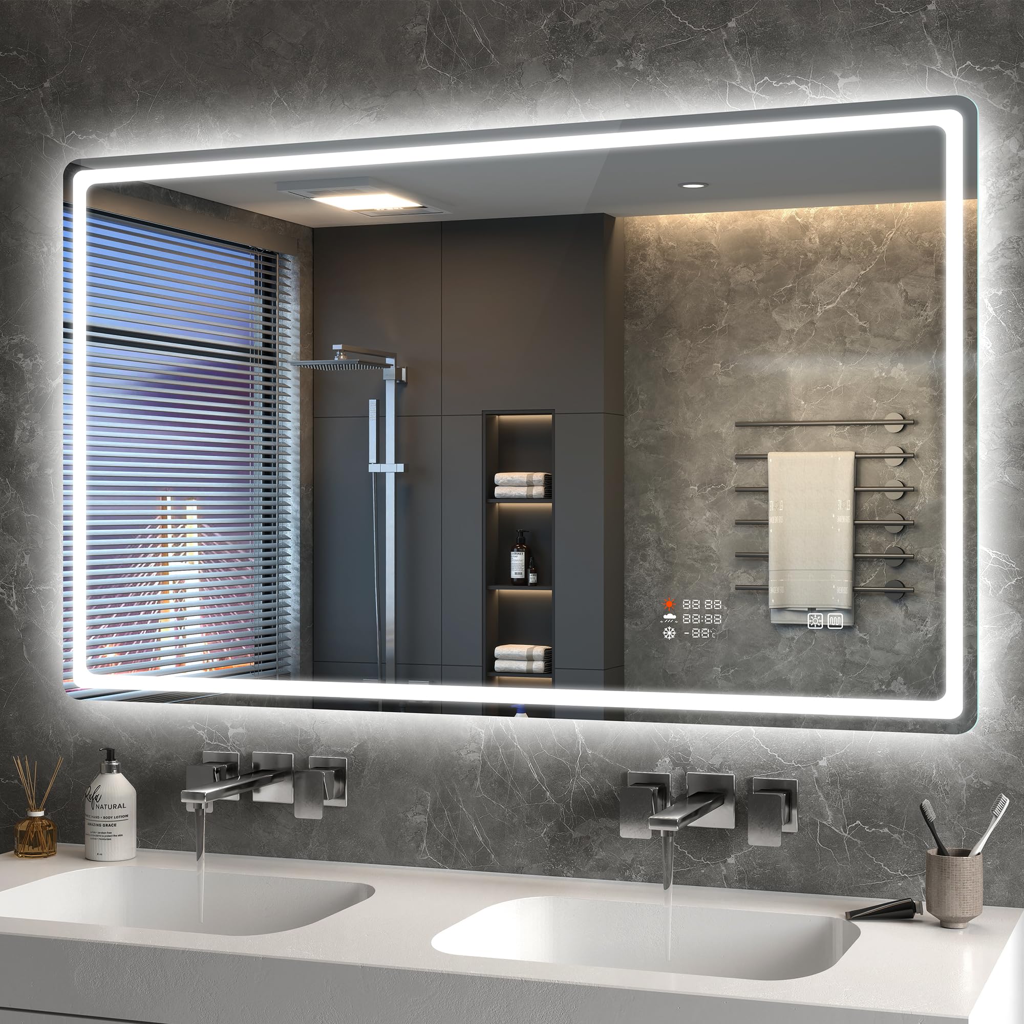 S'bagno 120x70cm Specchio Bagno con Luce，Meteo/Data/Ora/Temperatura Display
