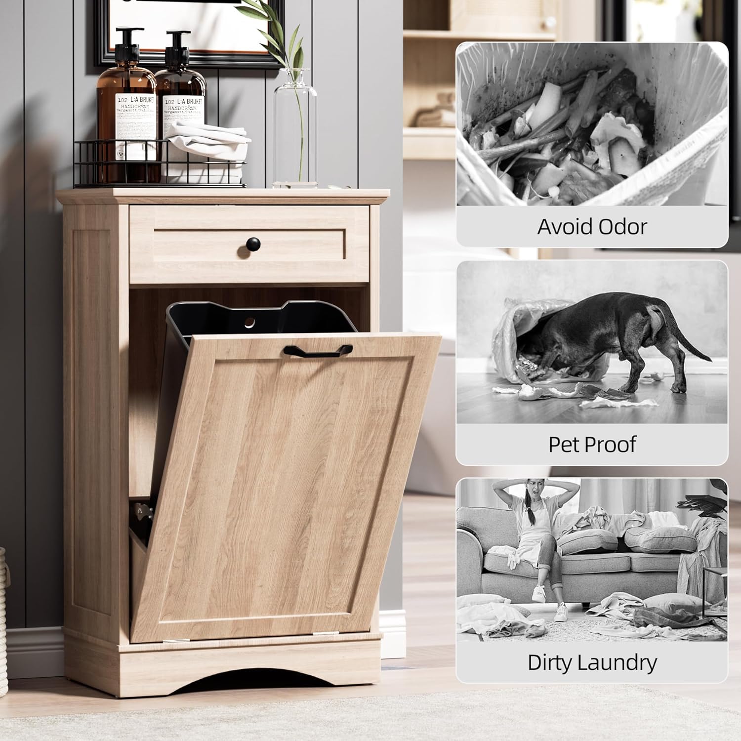 AHB 13 Gallons Tilt Out Trash Cabinet Hidden Trash Can Cabinet Freestanding Garbage Recycling Cabinet with Hideaway Drawer Pet Proof Trash Bin for Kitchen Living Room, Natural