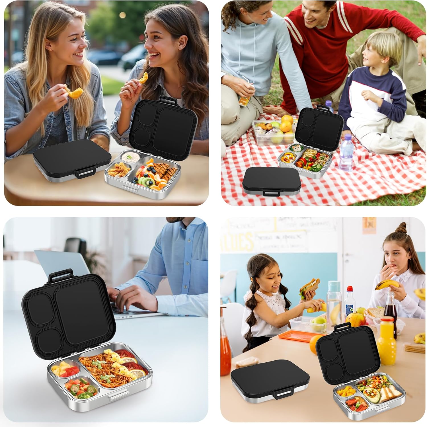 Stainless Steel Bento Lunch Box for Kids | 3-Compartment Lunch Box Container Kids | 100% Leakproof, Eco-Friendly, Perfect Portion Control for Kids&Adult Healthy Meals (Black) - Image 7