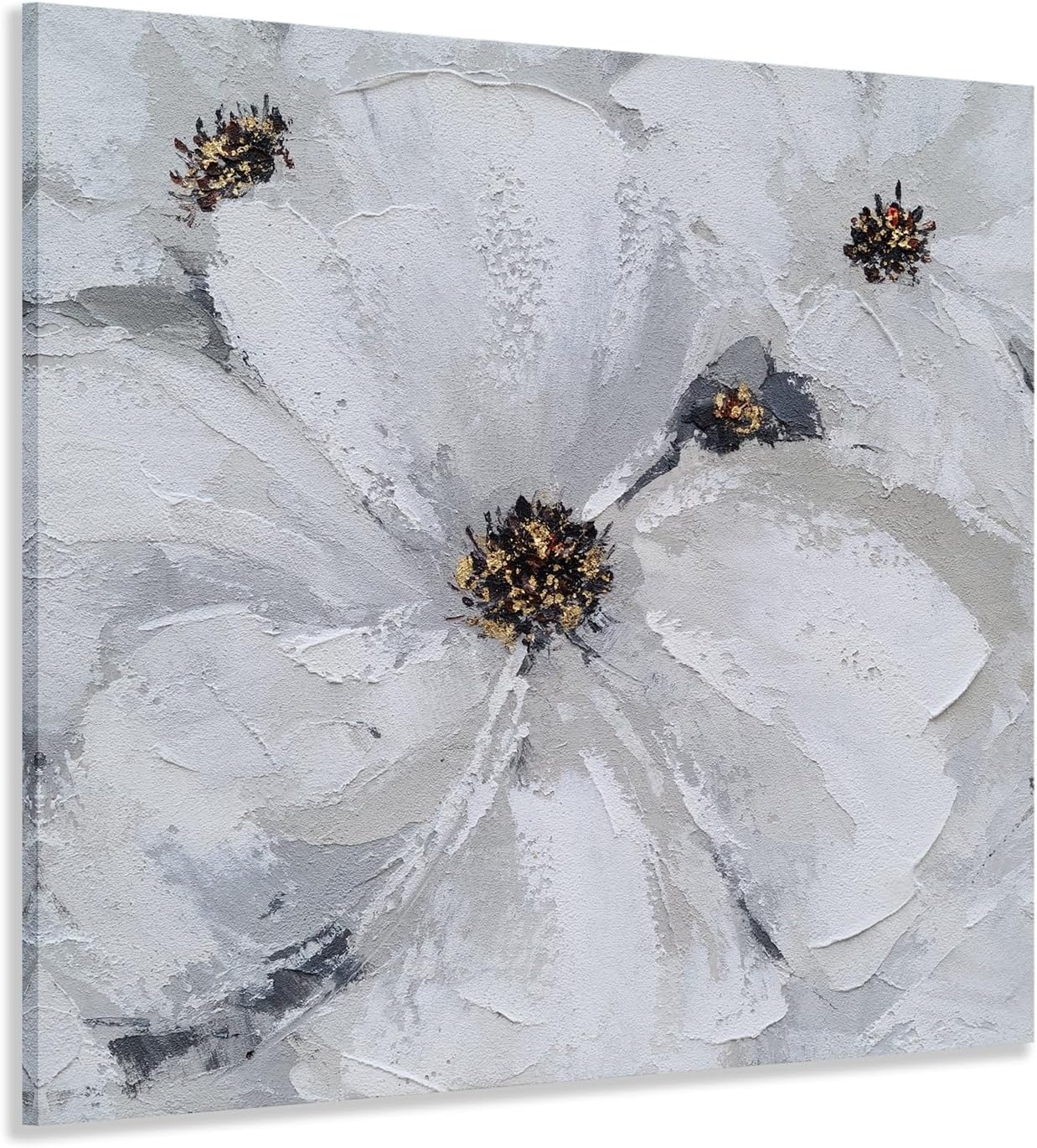SYGALLERIER Abstract Flower Wall Art - Gray and White Floral Oil Painting with Gold Foil Embellishments - Handmade Canvas Wall Art 24x24 Inch