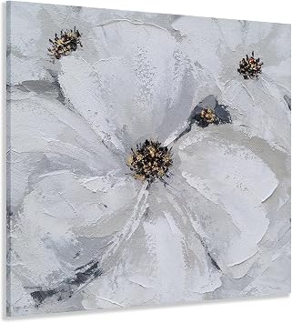 SYGALLERIER Abstract Flower Wall Art - Gray and White Floral Oil Painting with Gold Foil Embellishments - Handmade Canvas Wall Art 40x40 Inch