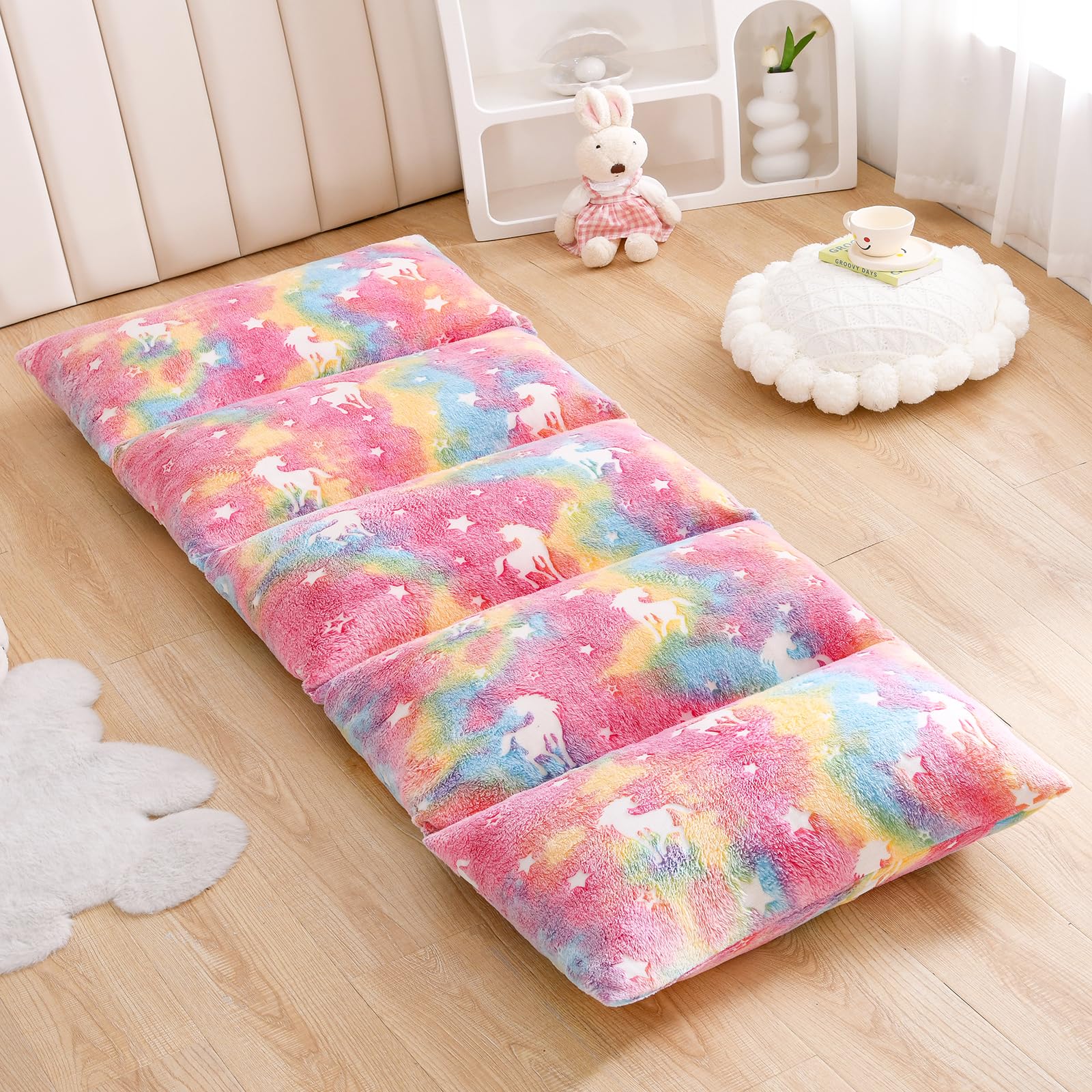 ZIQINPSQ Velvet Floor Pillow Case,Unicorn Glow in The Dark Mattress Bed Lounger Cover,Pillow Bed Floor Lounger Cover,Recliner Floor Pillow for Girls Boys (Pink - Image 3