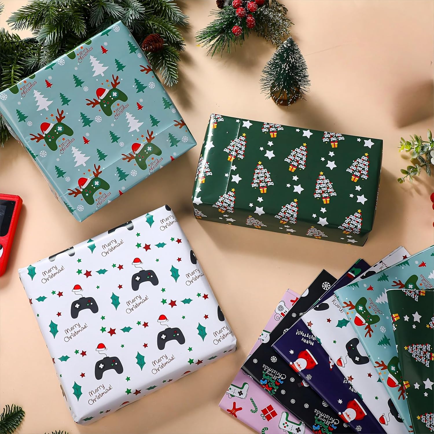 Watersay 12 Pcs Video Game Christmas Wrapping Paper Modern Black Skull image 3