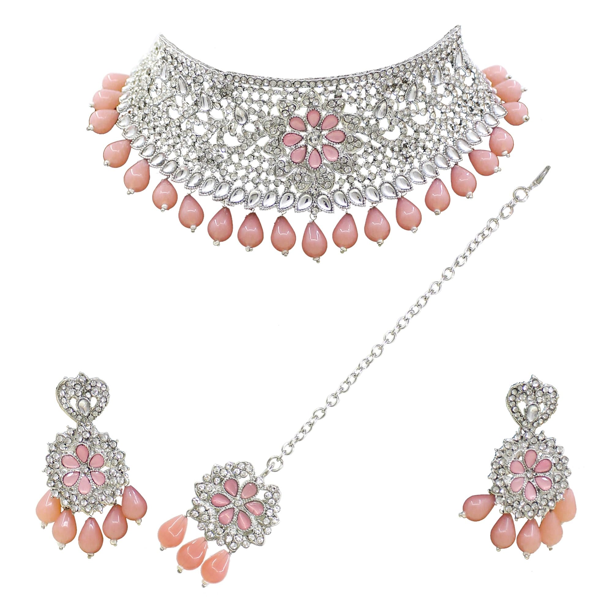 SAIYONI Traditional Design Trendy Austrian Diamond With Kundan Stone work Choker Necklace Earring with maangtikka jewellery set - Peach For Womens (B09QHX112H) Amazon Price History, Amazon Price Tracker