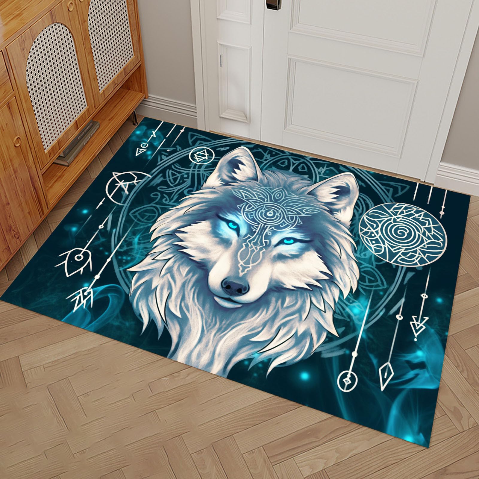 Paillasson attrape poussière loup mystique | Grand tapis de sol pour entrée et couloir