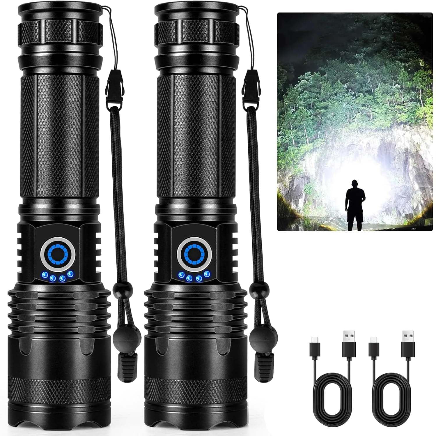 Rechargeable LED Flashlights High Lumens, 90,000 Lumens Super Bright Flashlights with 5 Modes, Waterproof Powerful Flash Light Multifunctional Flashlights for Home Camping Hiking(2 Pack)