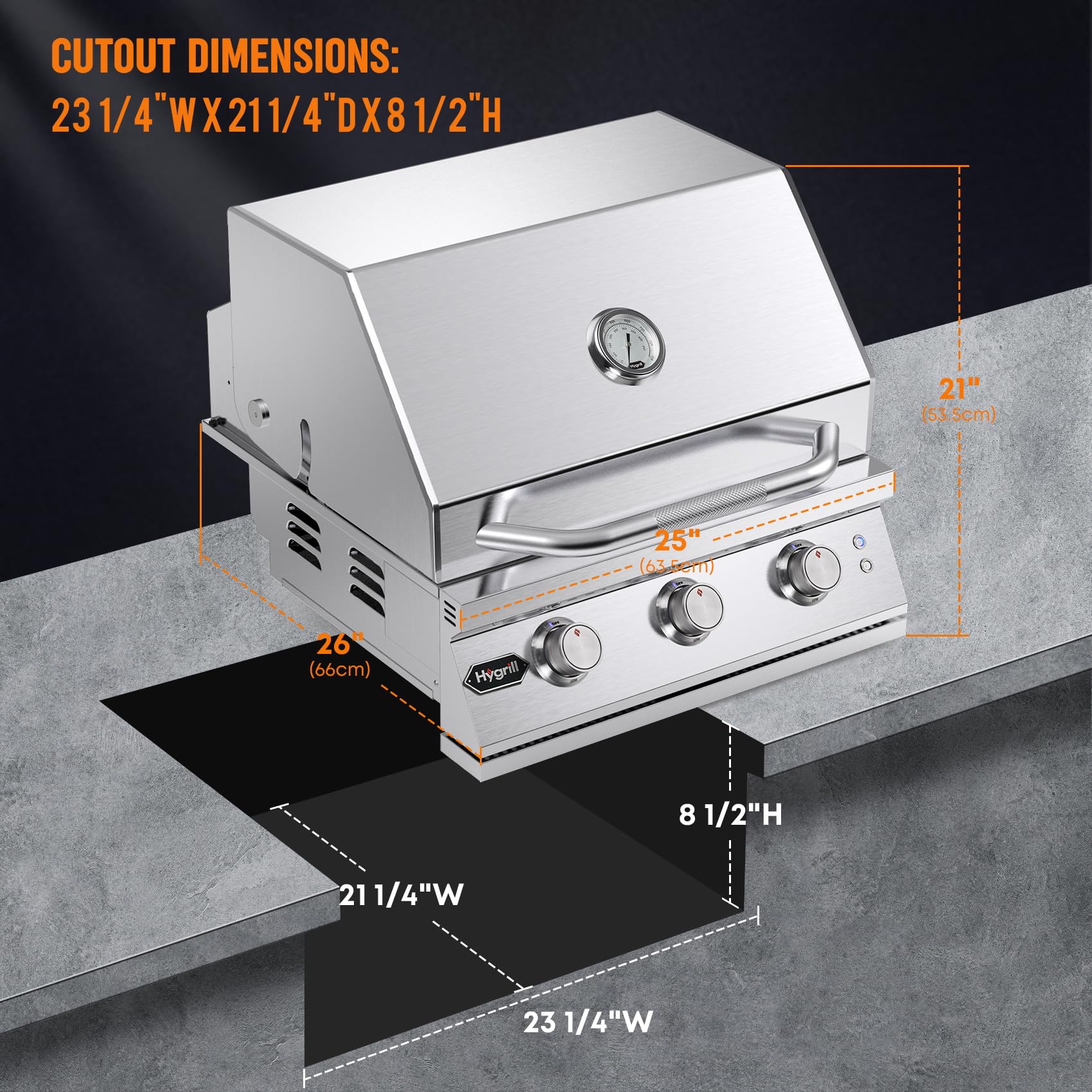 Hygrill Premium XTR - Parrilla integrada de 3 quemadores, cabezal de parrilla de acero inoxidable para cocina al aire libre con luces LED, propano líquido 2