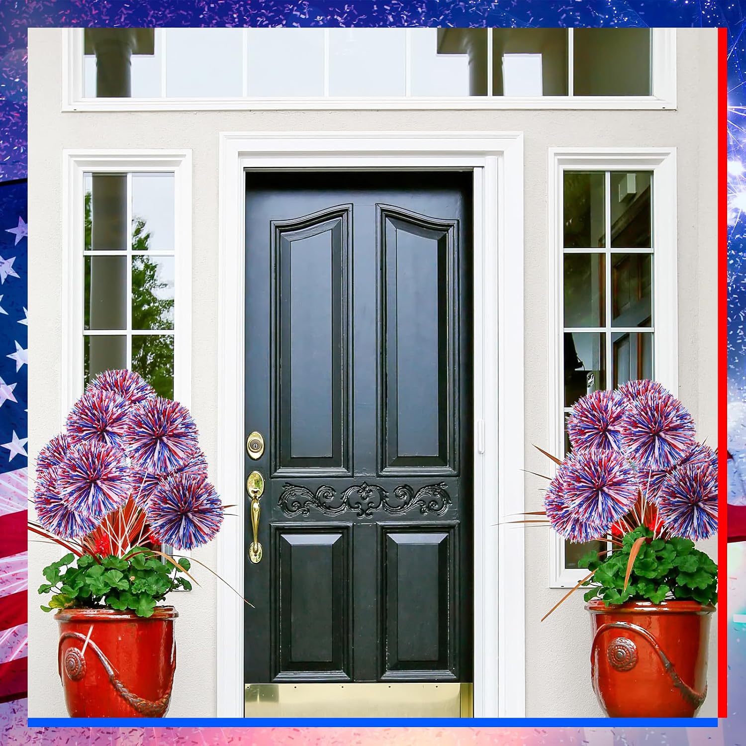 6 Pcs 4th of July Fireworks Pom Pom Picks 11.8" Decorations Patriotic Vase Filler 250th Anniversary Memorial Day Table Decor Red White Blue Independence Day Pick Decor for Home Vase(Mixed Colors)