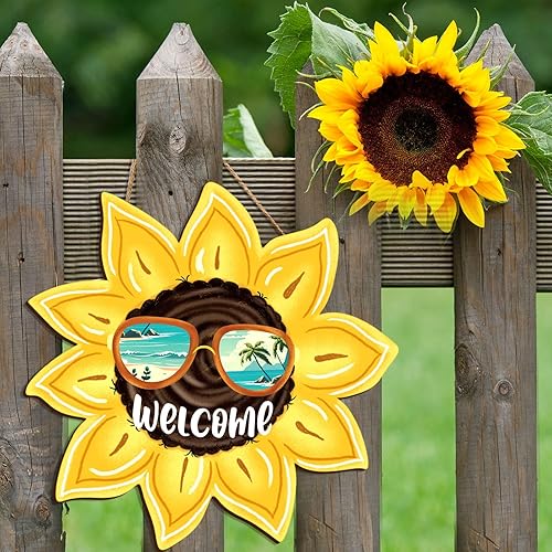 Miniatura 7 de Whaline Letrero colgante de madera con diseño de girasol para puerta de fiesta floral, regalo de verano, oficina, tienda, ventana, jardín, decoración