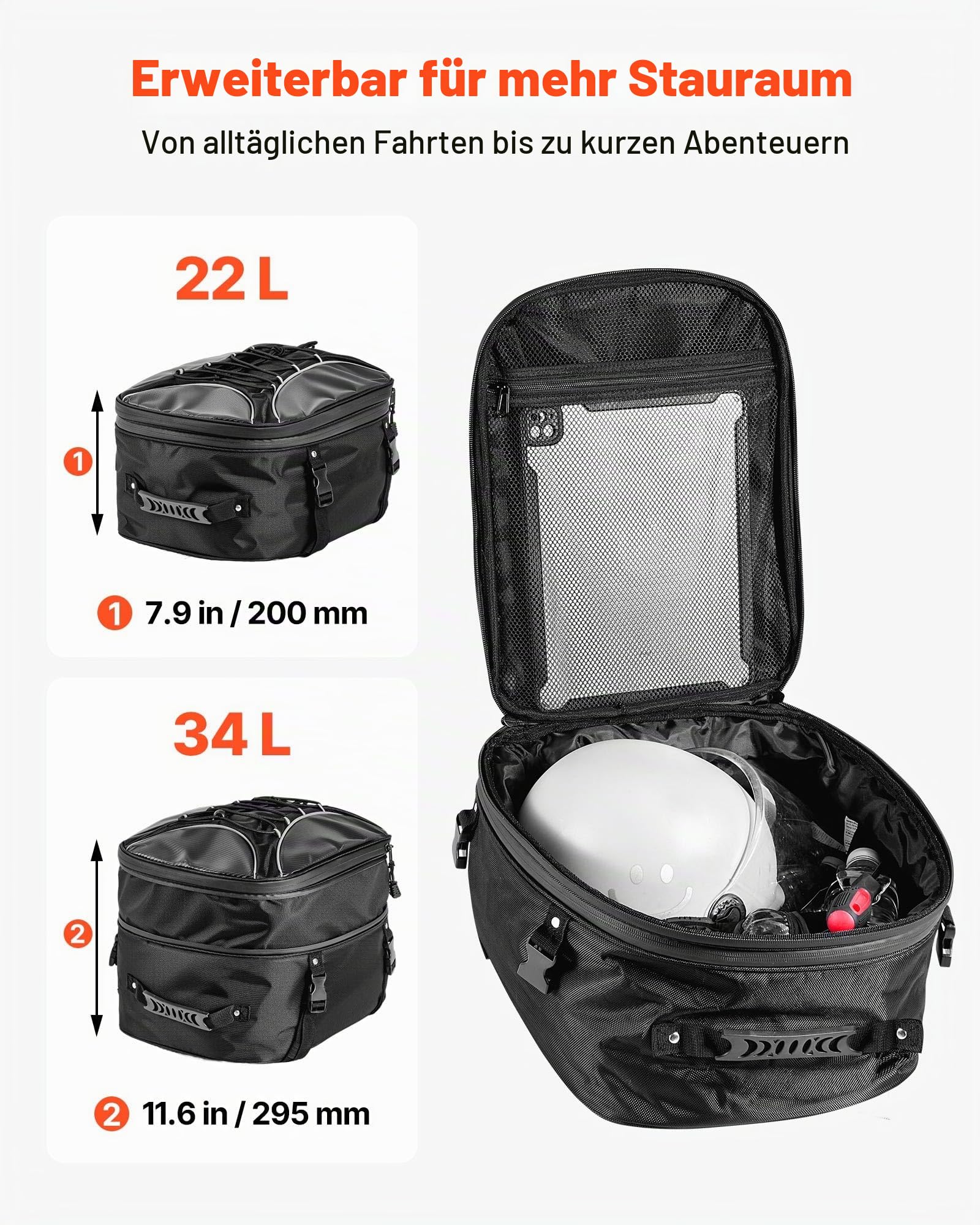 VEVOR Motorradhecktasche Rücksitztasche (22-34 L) mit wasserfester Regenabdeckung, Motorrad-Gepäckaufbewahrung, Gepäckträgertasche mit Riemen & elastischer Kordel, Motorradgepäck Schwarz