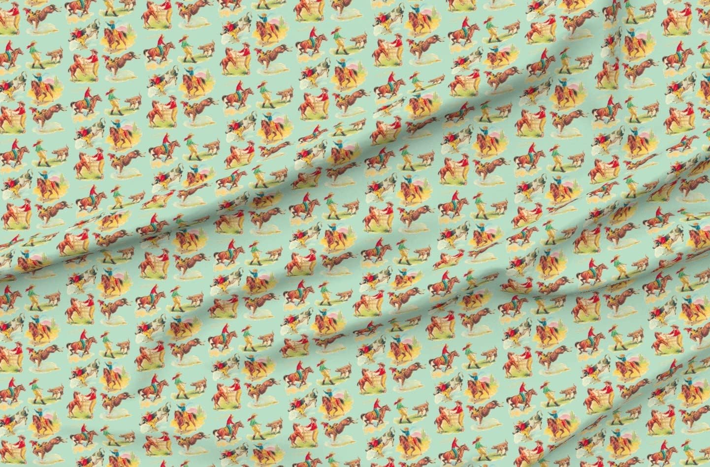 Spoonflower Fabric - Cowgirl Cowboy Western Rodeo Horses Vintage Kitsch Classic Wild West Printed on Organic Cotton Sateen Fabric by The Yard - Sewing Quilting Apparel Home Decor